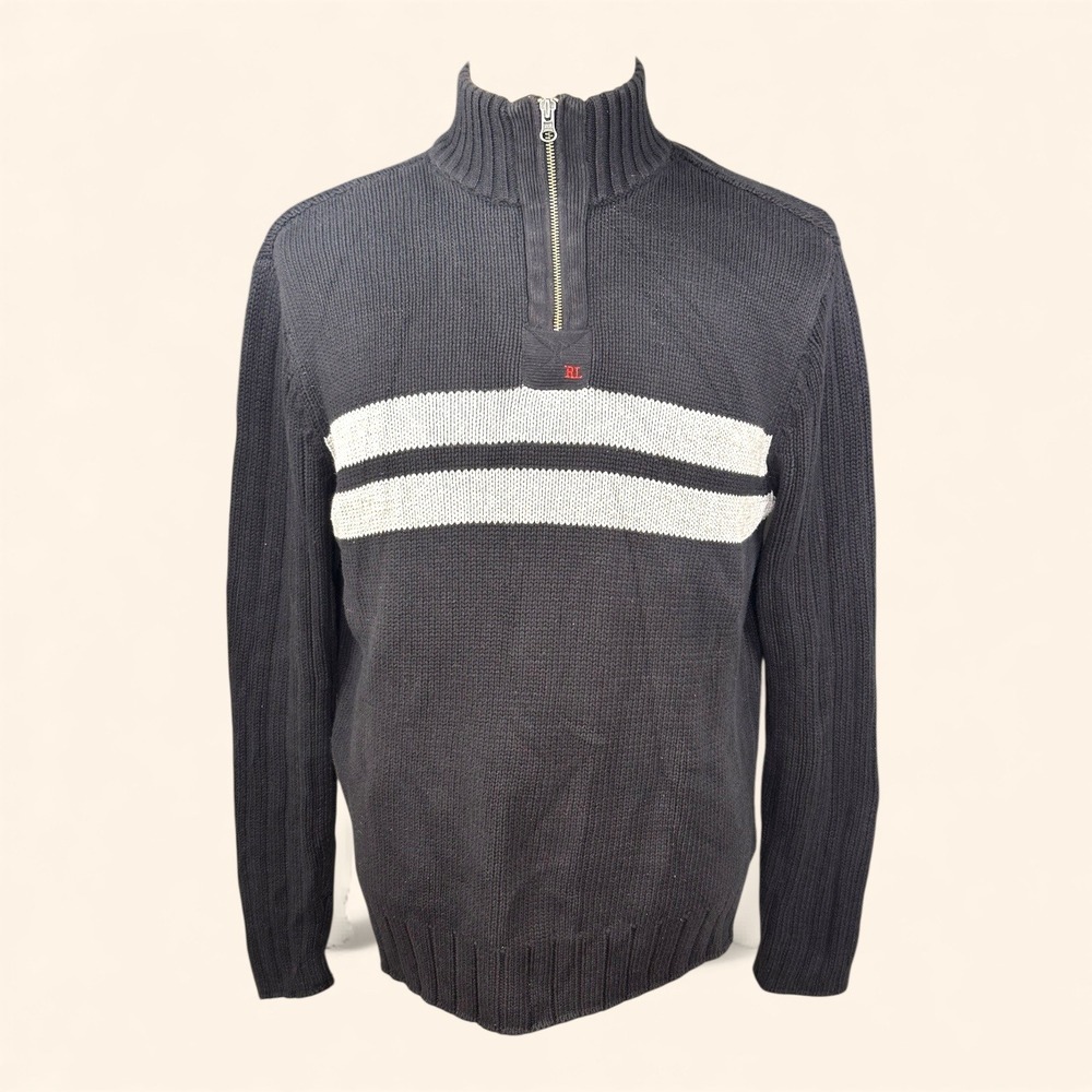 Polo Jeans Company Ralph Lauren L/G Knit‎ Quarter Zip Sweater Gray White Stripes